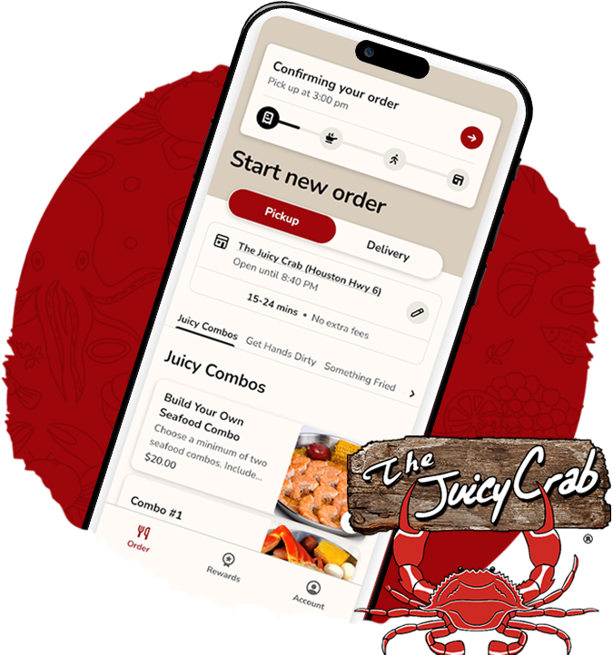 The Juicy Crab mobile app on a phone