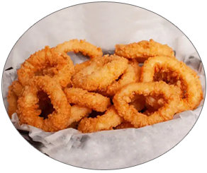 Fried Calamari — 15 pieces of lightly battered and tender golden brown fried calamari.